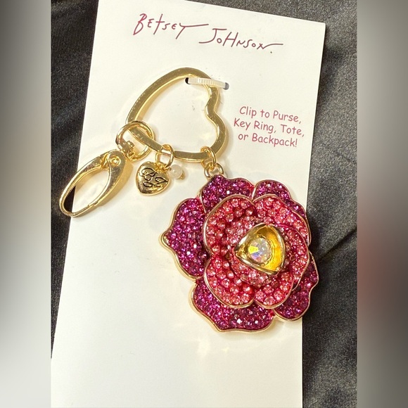 Betsey Johnson Fuchsia Flower Crystal Studded Handbag Charm - Picture 2 of 2